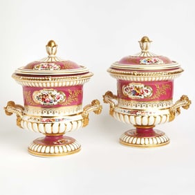 Pair Chamberlain’s Worcester Porcelain Burgundy-Ground Two-Handled Fruit Coolers, Liners and C