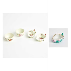 Two Vienna Porcelain Teabowls and Two Vienna Leaf-Shaped Sweetmeat or Pickle Dishes