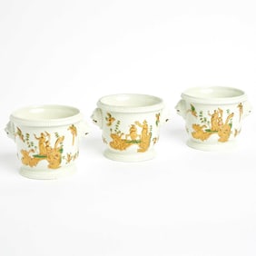 Three French Porcelain Chinoiserie Mask-Handled Glass Coolers (Seaux à Verre)