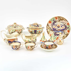 Group of Derby Porcelain Imari Teawares and Three Derby Imari Miniature Bottle Vases