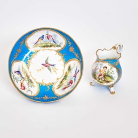 Sevres Style Porcelain Turquoise-Ground Saucer Dish, with Sevres Cream Jug