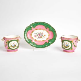Pair of Sevres Style Porcelain Pink and Green Ground Cache Pots