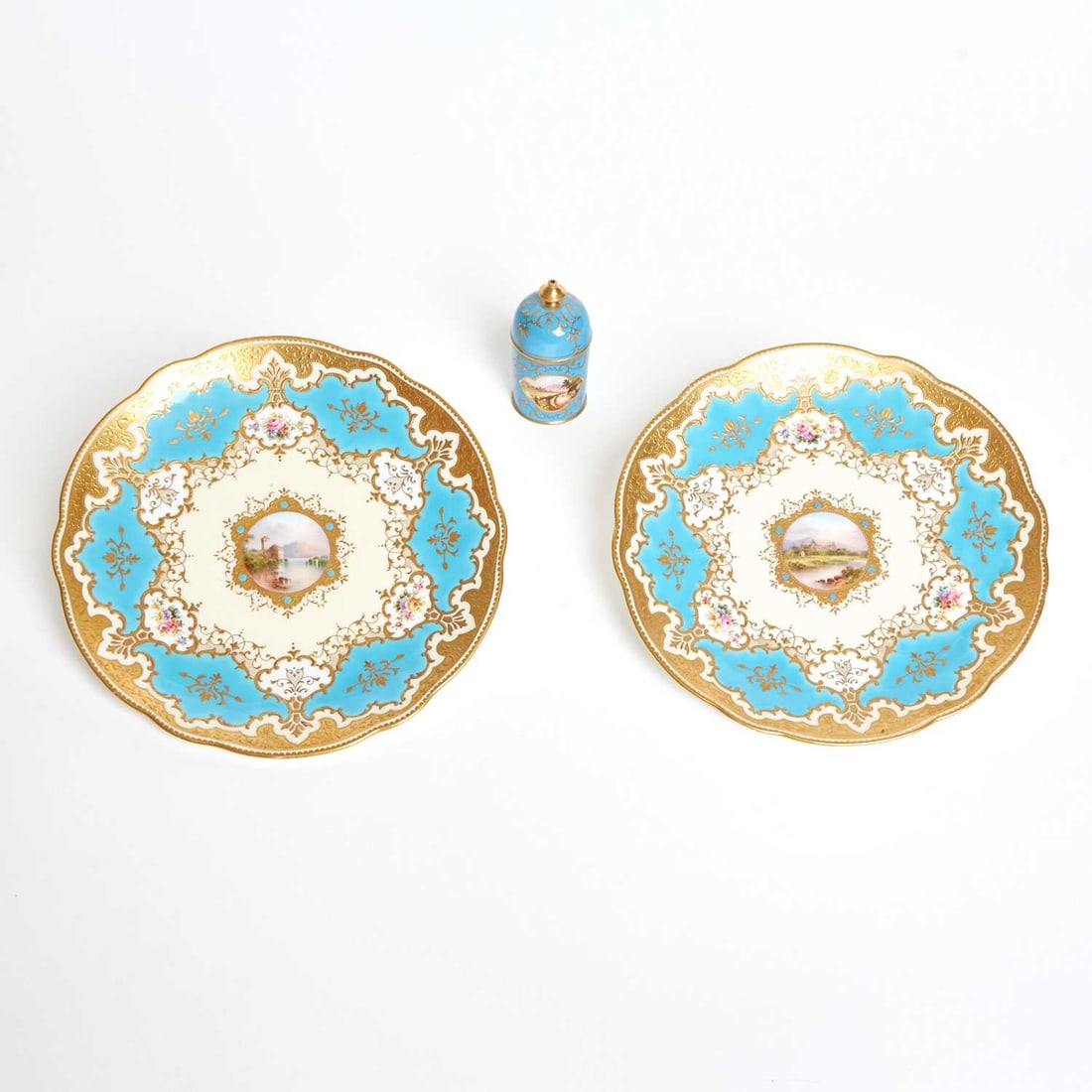 Two Coalport Porcelain Turquoise-Ground ‘Jeweled’ Landscape Cabinet Plates (1 of 8)
