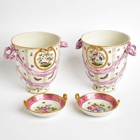 Pair of Berlin (KPM) Porcelain Handled Urn-Shaped Vases and Two Berlin (KPM) Pink Shallow Bowls