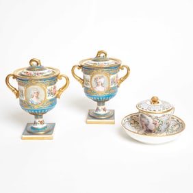 Pair of Sevres Style Porcelain Handled Vase and Cover