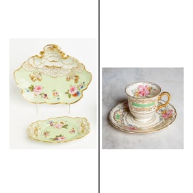 Two Mason’s Porcelain Mint-Green Ground Gilt-Decorated Cabbage-Leaf Molded Dessert Dishes
