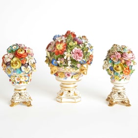 Three Derby Porcelain Footed Trophy Vase Bouquets