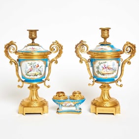 Pair of Sevres Style Porcelain Gilt-Bronze Mounted Turquoise Vases and Covers and Similar Inkstand