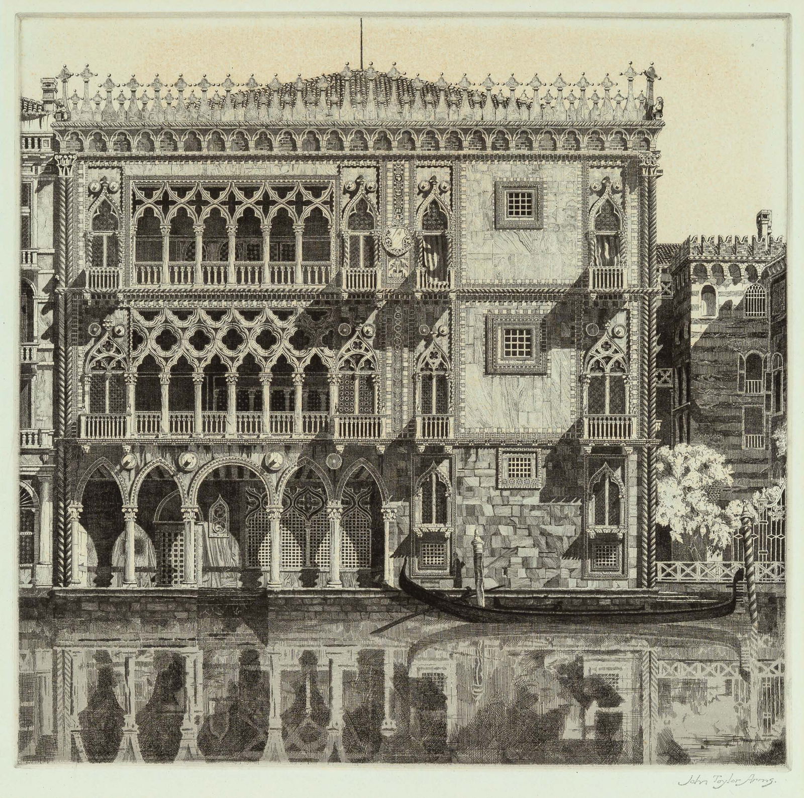 John Taylor Arms (1887-1953): VENETIAN FILIGREE (CA D'ORO VENETIA) (FLETCHER 235)Etching, 1931, on pale blue-green toned cream laid paper, signed in pencil, from the second state of two, with full margins, unframed.Plate 10 13/16