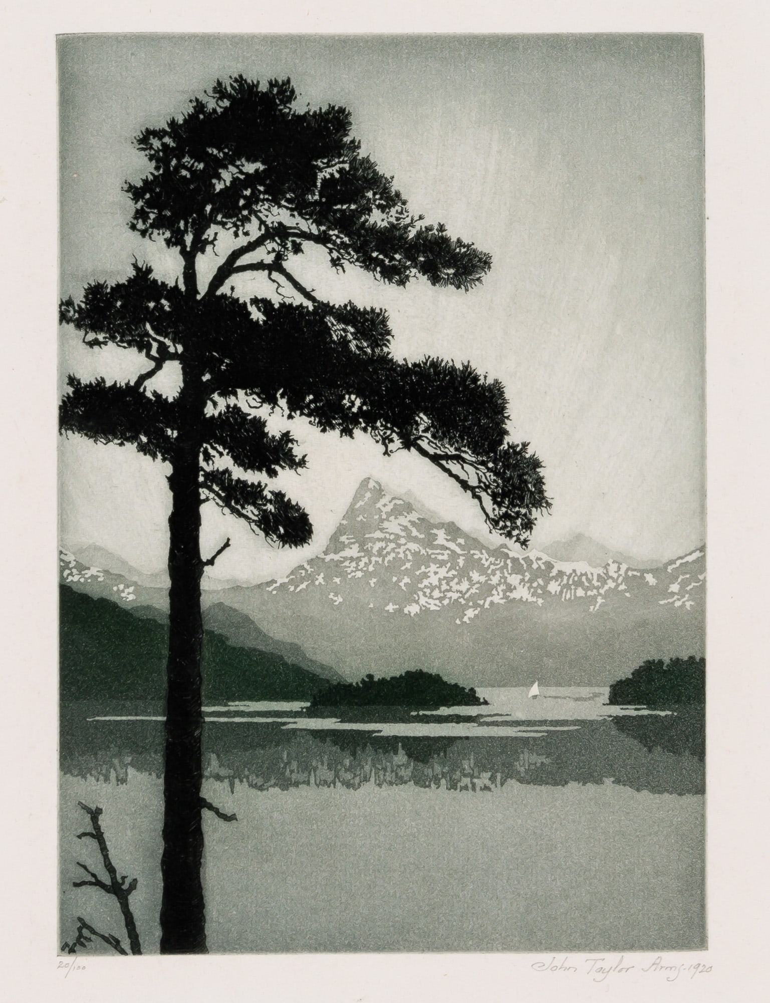 John Taylor Arms (1887-1953): DAWN, LAKE COMO (FLETCHER 53)Color etching and aquatint, 1920, on wove paper, signed, dated and numbered 20/100 in pencil, the second state of two, printed by Frederick Reynolds, with full margins, un