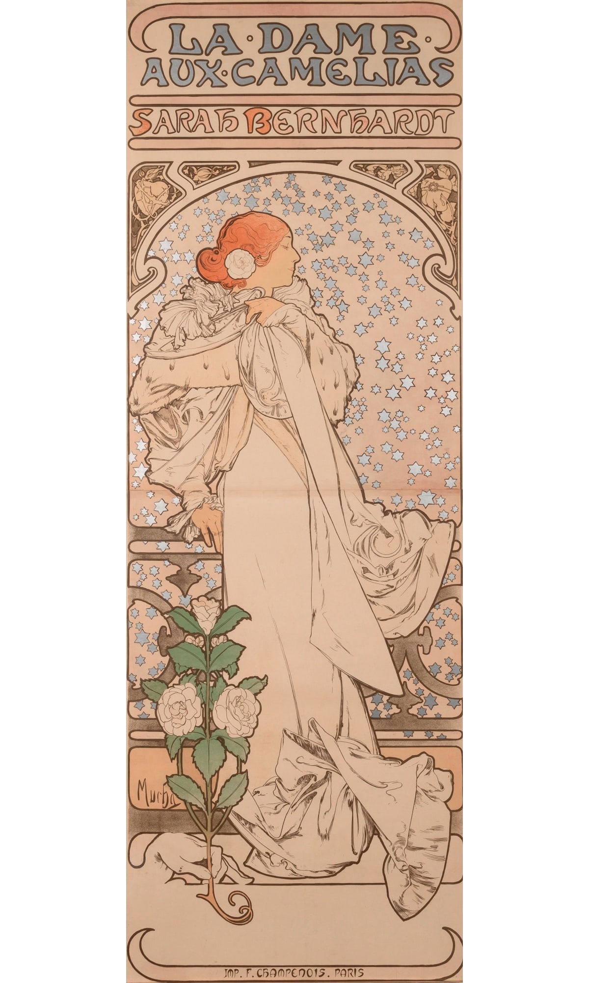 Alphonse Mucha (1860-1939): LA DAME AUX CAMÉLIAS (SARAH BERHARDT) (RENNERT/WEILL 13)Color lithograph, 1896, variant I, on two joined sheets, laid on linen, with a central vertical fold and five horizontal folds, printed by F. C
