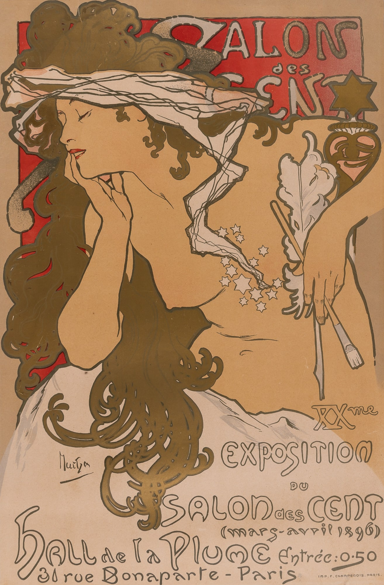 Alphonse Mucha (1860-1939): SALON DES CENT XXEME EXPOSITION (RENNERT/WEILL 12)Color lithograph, 1896, on wove paper, laid on linen, printed by F. Champenois, Paris, framed.Sheet 24 9/16 x 16 1/4 inches; 624 x 413 mm.Frame 31 x 2
