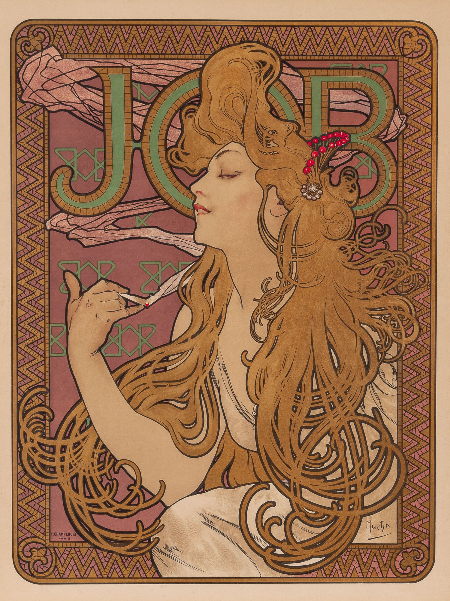 Alphonse Mucha (1860-1939): JOB (RENNERT/WEILL 15)Color lithograph, 1896, on wove paper, printed by F. Champenois, Paris, framed.Image 20 3/8 x 15 3/8 inches; 518 x 391 mm.Sheet 26 1/4 x 18 3/16 inches; 667 x 462 mm.Fra