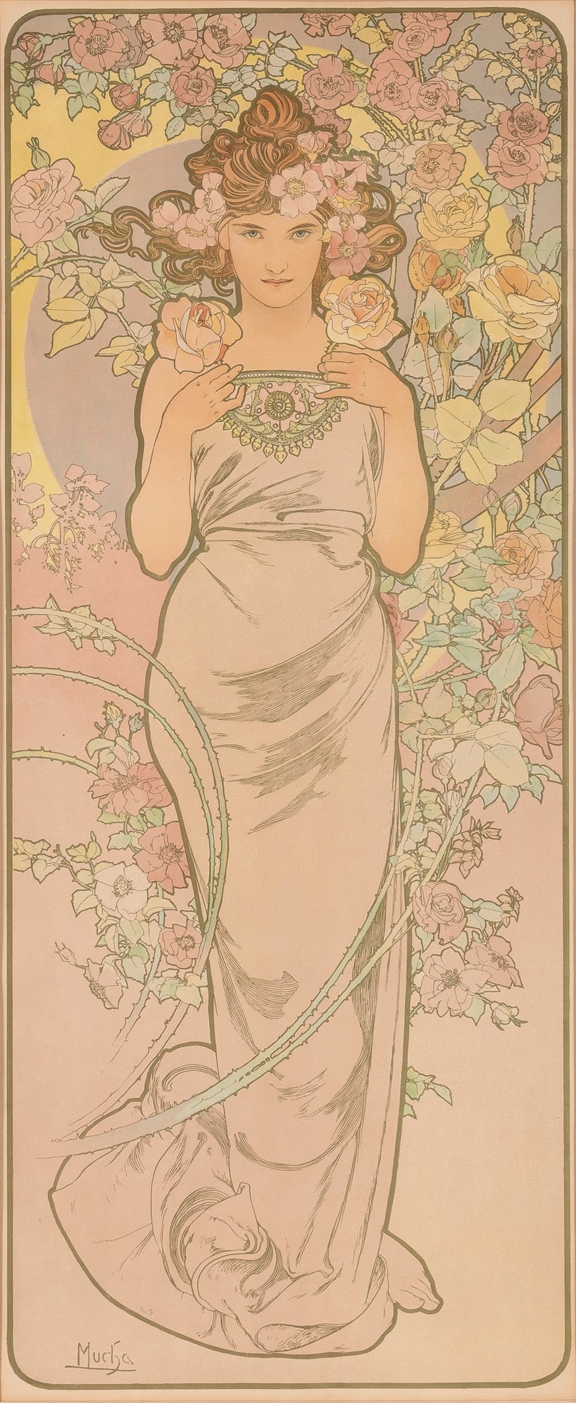 Alphonse Mucha (1860-1939): LA ROSE (RENNERT/WEILL 49)Color lithograph, 1898, laid on a support sheet laid on linen, with three horizontal folds, from Les Fleurs, published by F. Champenois, Paris, framed.Image 40 1/16 x 16 3/8
