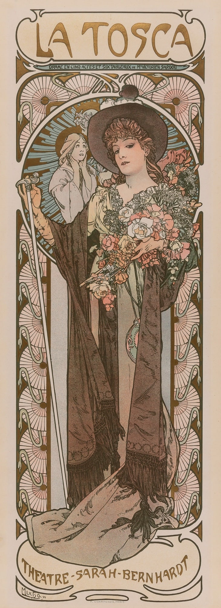 Alphonse Mucha (1860-1939): LA TOSCA (RENNERT/WEILL 57)Color lithograph, 1898, on wove paper, laid on linen, with a central horizontal fold, printed by F. Champenois, Paris, framed. Image 39 1/2 x 12 5/8 inches; 1003 x 321 mm.Sh