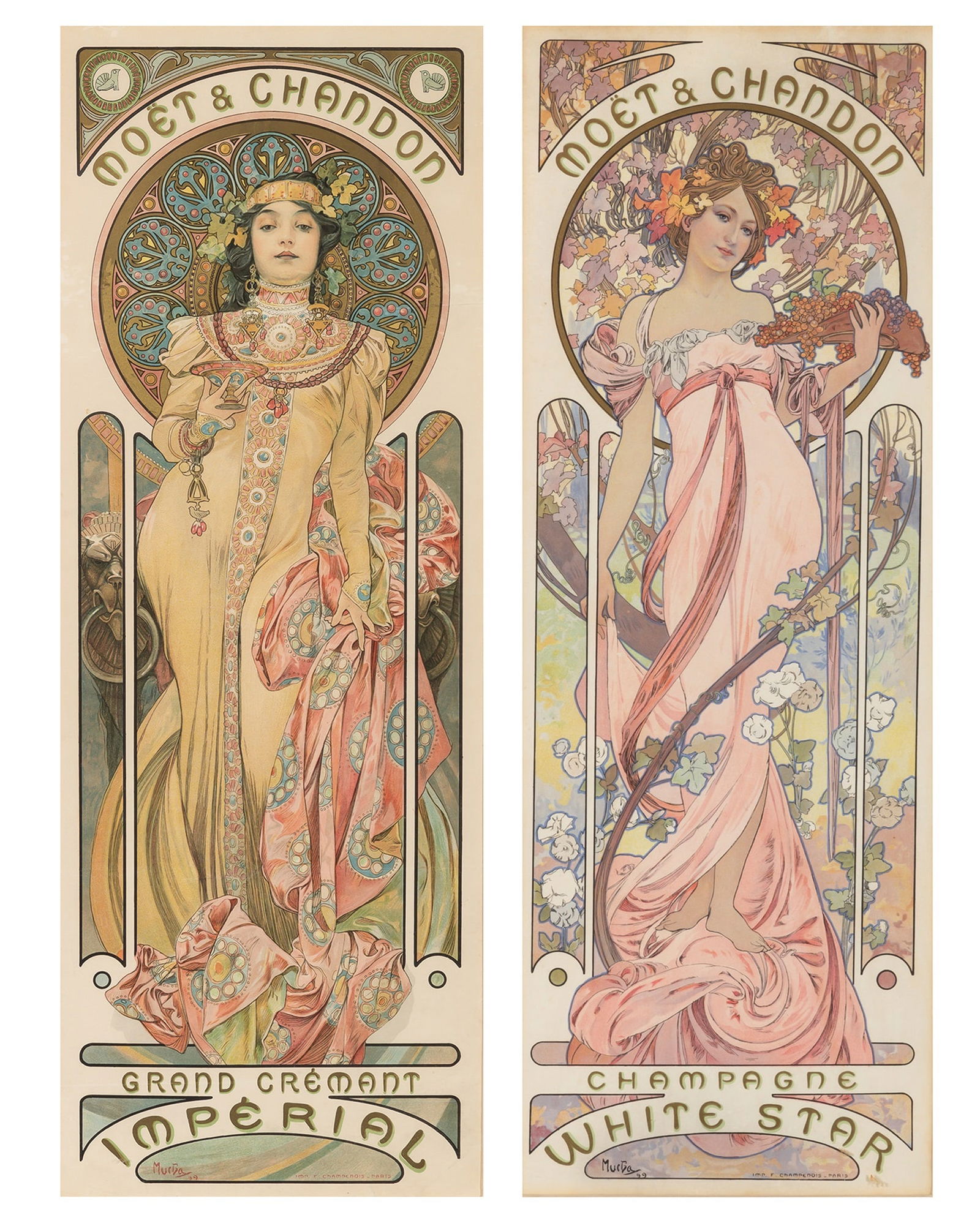 Alphonse Mucha (1860-1939): MOËT & CHANDON: GRAND CRÉMANT IMPÉRIAL, CHAMPAGNE (WHITE STAR) (RENNERT/WEILL 65)Two color lithographs, 1899, on wove paper, laid on linen, printed by F. Champenois, Paris, framed.Sheet (first) 24