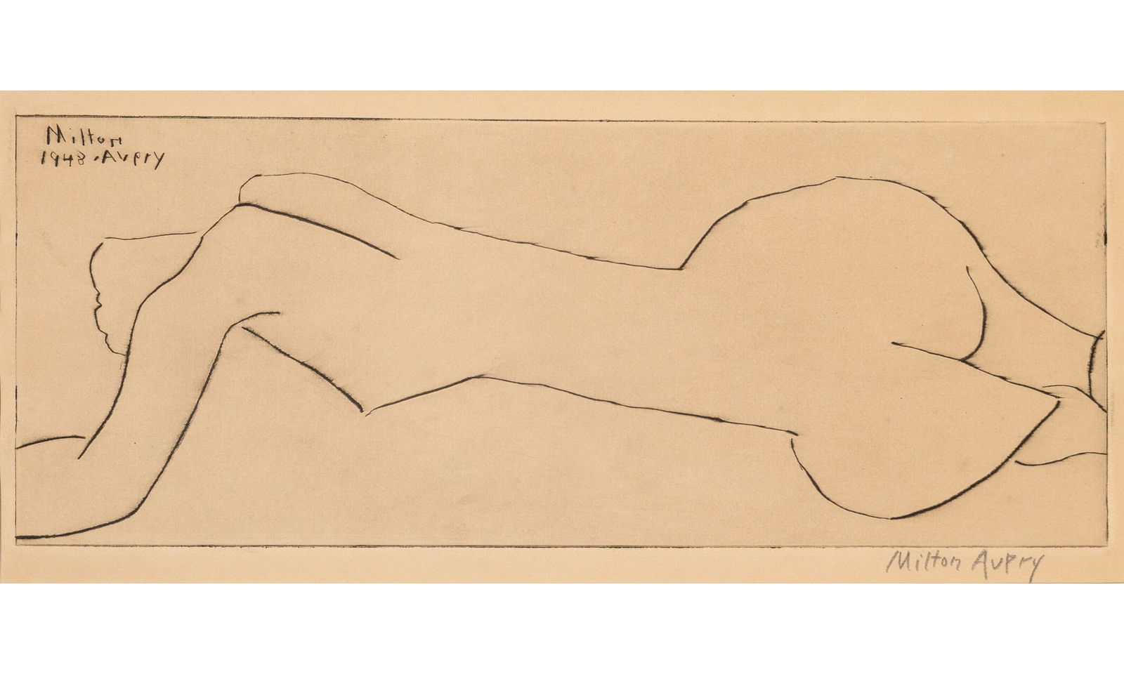 Milton Avery (1885-1965): NUDE WITH LONG TORSO (RECLINING NUDE) (LUNN 29)Drypoint, 1948, on wove paper, signed in pencil, from Laurels Portfolio, from the edition of 100, published by Laurel Gallery, New York, with full margin