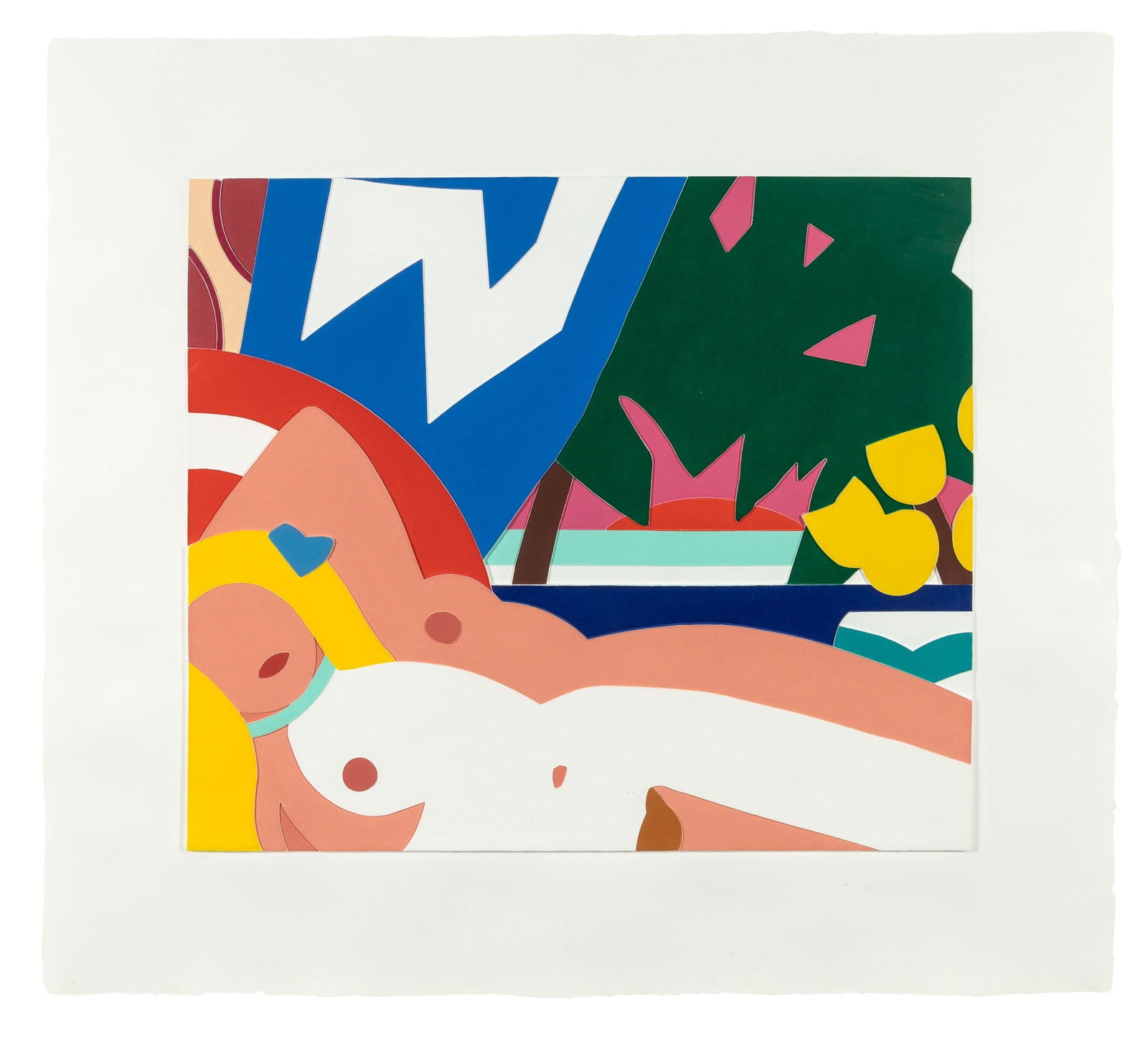 Tom Wesselmann (1931-2004): SUNSET NUDE WITH YELLOW TULIPSMixografÃ­aÂ® print, 2004-06, on handmade paper, signed by Clarice Wesselmann, dated and numbered 26/75 in pencil, verso, printed and published by Mix