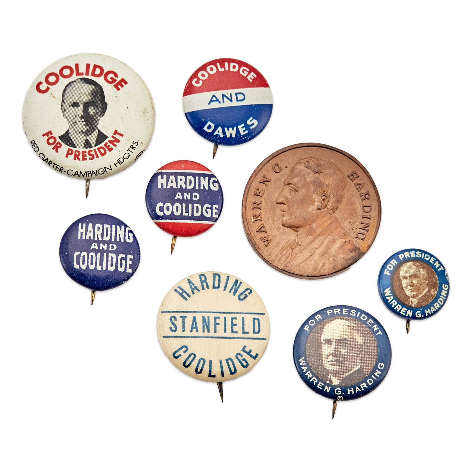 Political Collectibles: Harding and Coolidge Group: Lot of seven pin backs, approximately 15 to 30 mm, and one bronze WGH medallion, Fine to Very Fine.