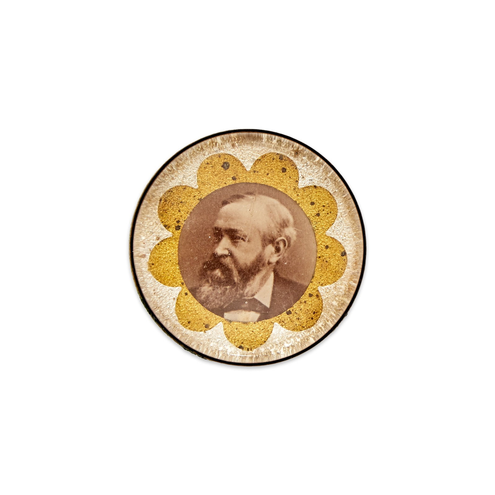 Political Collectibles: Eye-catching Benjamin Harrison Rosette: Glorious Benjamin Harrison Bridle Rosette, approx. 45mm in diameter, with gold and silver inlaid pattern, very Fine.