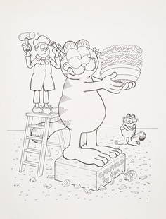 Jaffee's draws a monument to Jim Davis' creation, Garfield AL JAFFEE: Original art, Jon carving a monument to Garfield, with a typed signed from Jaffee to cartoonist and Paws Inc. employee Scott Nickel, dated August 17, 2012. Ink on paper, with Jaffee's handwritten NYC