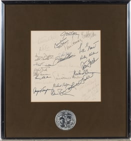 Three framed displays of autographs collected at the Tony Awards