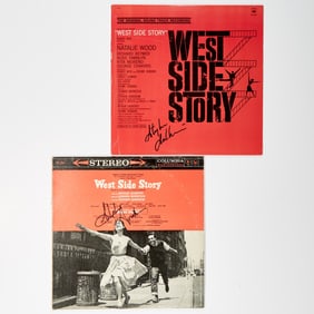The Broadway cast recording and film soundtrack of West Side Story, both signed by Stephen Sondheim