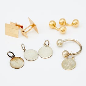 Two Pair of Gold Cufflinks and Tiffany & Co. Silver Key Ring with Charms