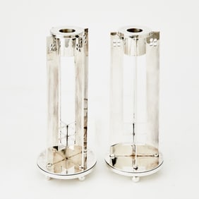 Pair of Richard Meier Silverplate Skyscraper Candlesticks Italian, Designed for Swid Powell, Circa