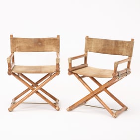 Pair of McGuire Suede-Upholstered Oak and Brass Director's Chairs 20th Century