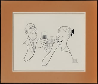An original Al Hirschfeld drawing of Portland Hoffa and Joe