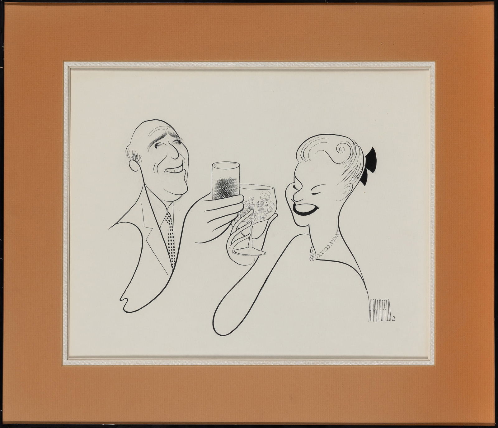 An original Al Hirschfeld drawing of Portland Hoffa and Joe: AL HIRSCHFELD Portland Hoffa and Joe Rines. A charming original ink on illustration board depicting the comedian and actres Portland Hoffa and with her husband, bandleader Joseph Rines. Signed "Hirsch