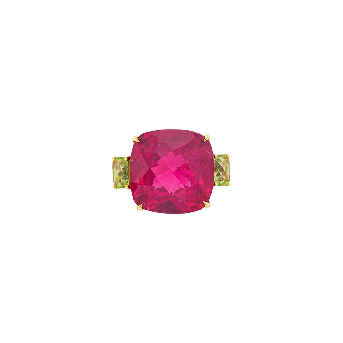 Paolo Costagli Platinum, Gold, Rubellite and Peridot Ring: One cushion-shaped rose-cut rubellite ap. 25.00 cts., 2 rectangular cushion-shaped rose-cut peridots, with maker's mark, ap. 9 dwts. Size 5 1/4. Rubellite: bright vivid pinkish raspberry, modera