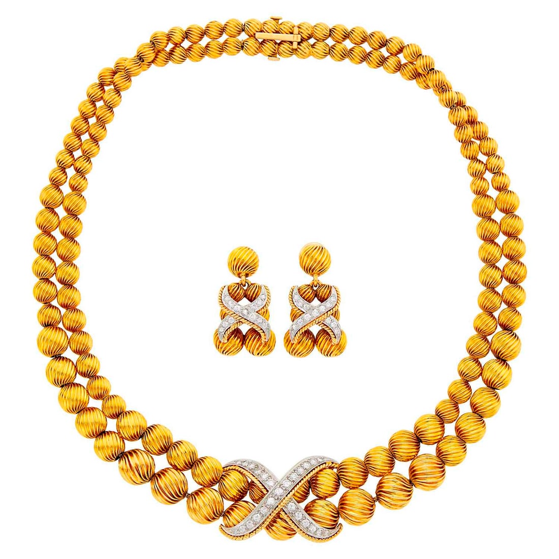 Double Strand Fluted Gold Bead, Platinum and Diamond Necklace and Pair of Pendant-Earclips (1 of 1)