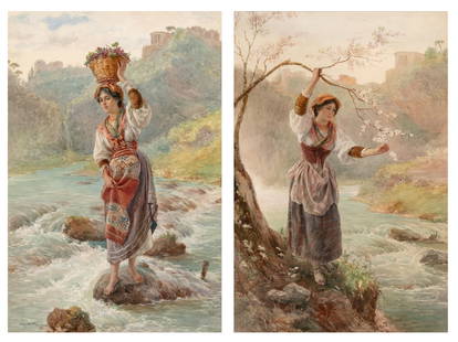 Luigi Olivetti: Italian, 1856-1941 (i) Lady with a Fruit Basket, 1906 Signed Luigi Olivetti, inscribed Roma, and dated MCMVI (ll) Watercolor on paper Sight 20 1/2 x 14 inches (52.1 x 35.6cm) (ii) Lady Pi