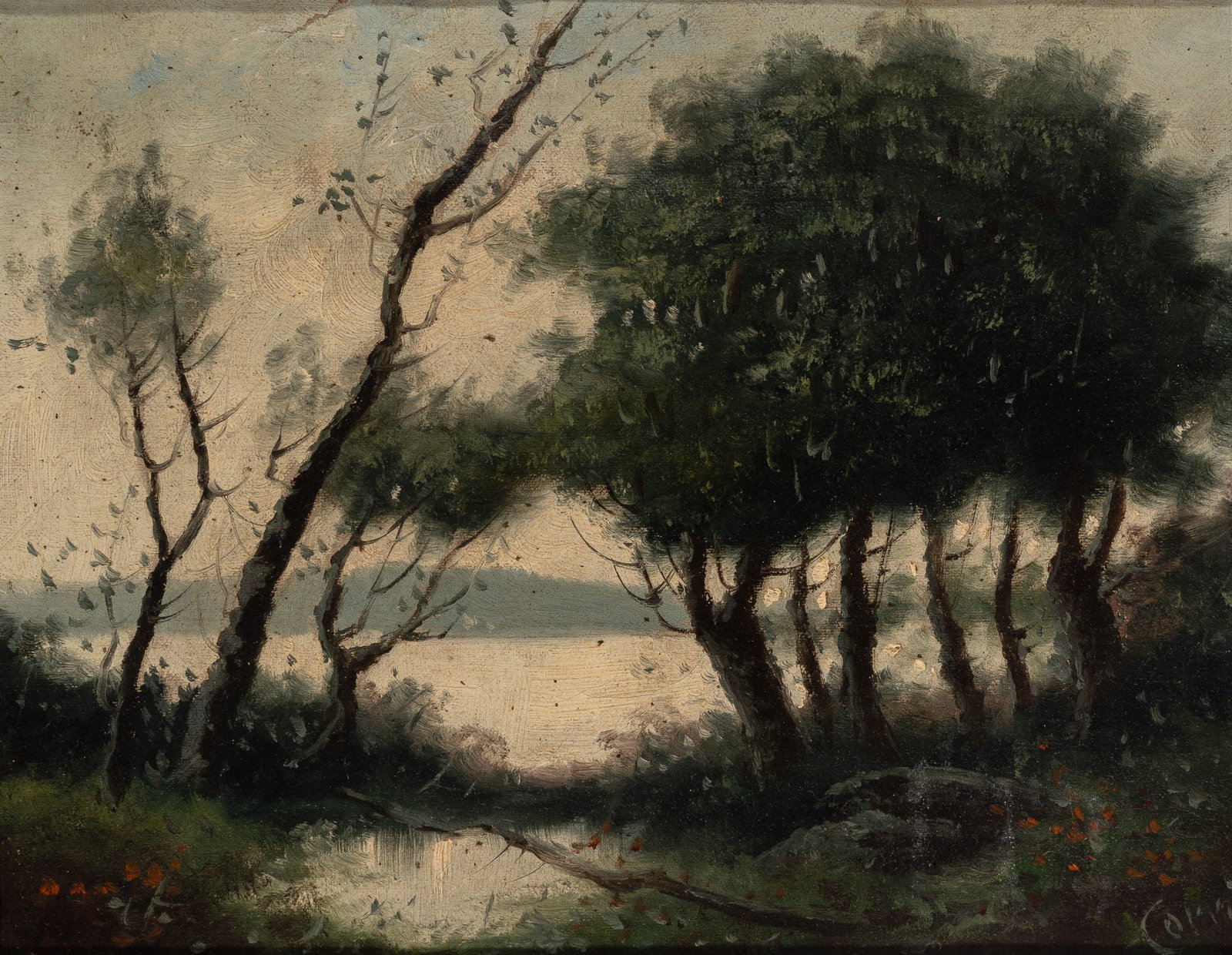 Manner of Jean-Baptiste-Camille Corot: Estate / Collection: Estate of Clarice Borio Landscape with Trees Beside a Lake Signed indistinctly (lr) Oil on canvas 9 x 12 1/4 inches (22.9 x 31.1 cm) Provenance: Sale,