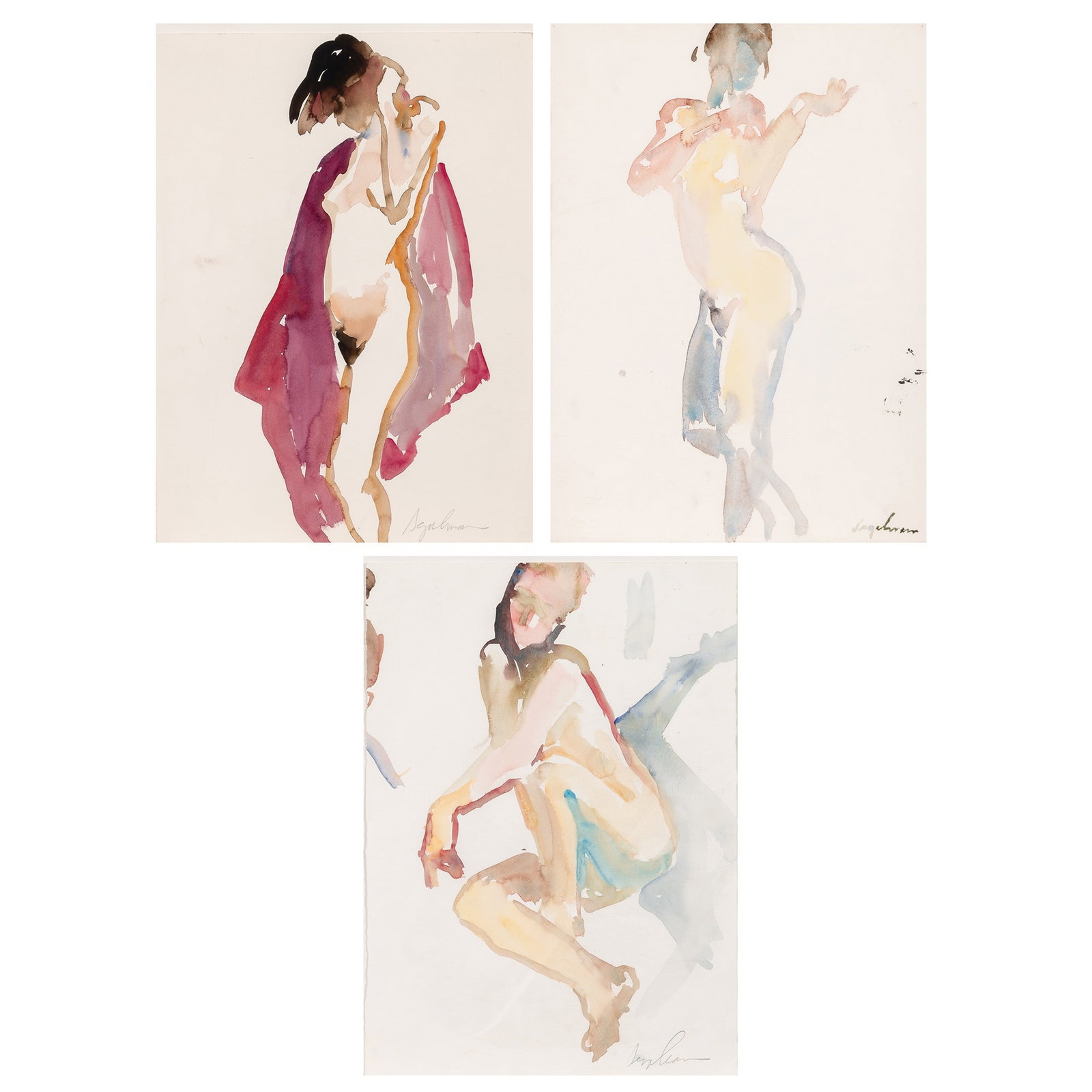 Richard Segalman: American, 1934-2021 (i) Red Robe, 2015 Signed Segalman (lr) Watercolor on paper 15 x 11 inches (38.1 x 27.94 cm) (ii) Nude I, 2015 Signed Segalman (lr) Watercolor on paper 15 x 11 in