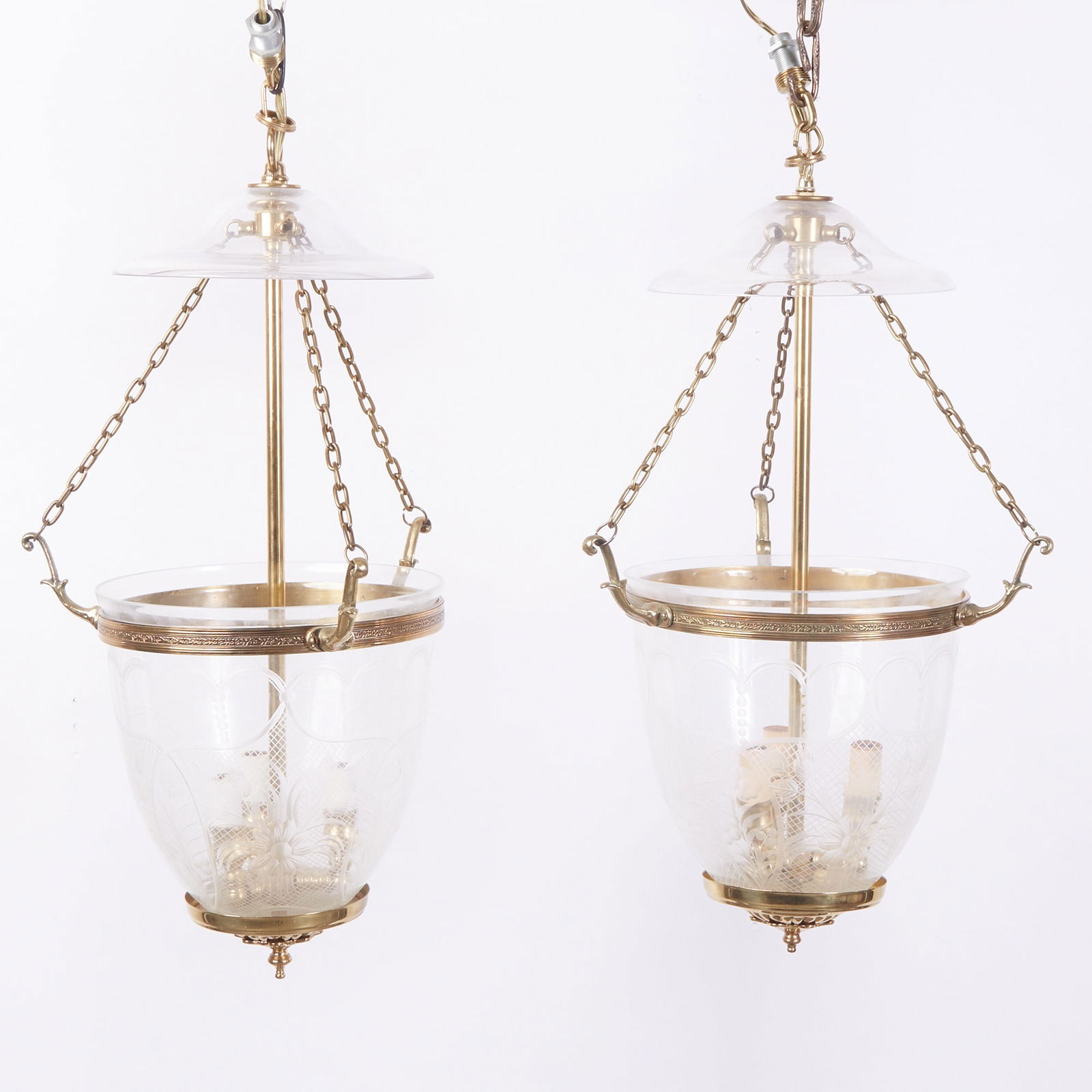 Pair of Brass and Etched Glass Hall Lanterns (1 of 3)