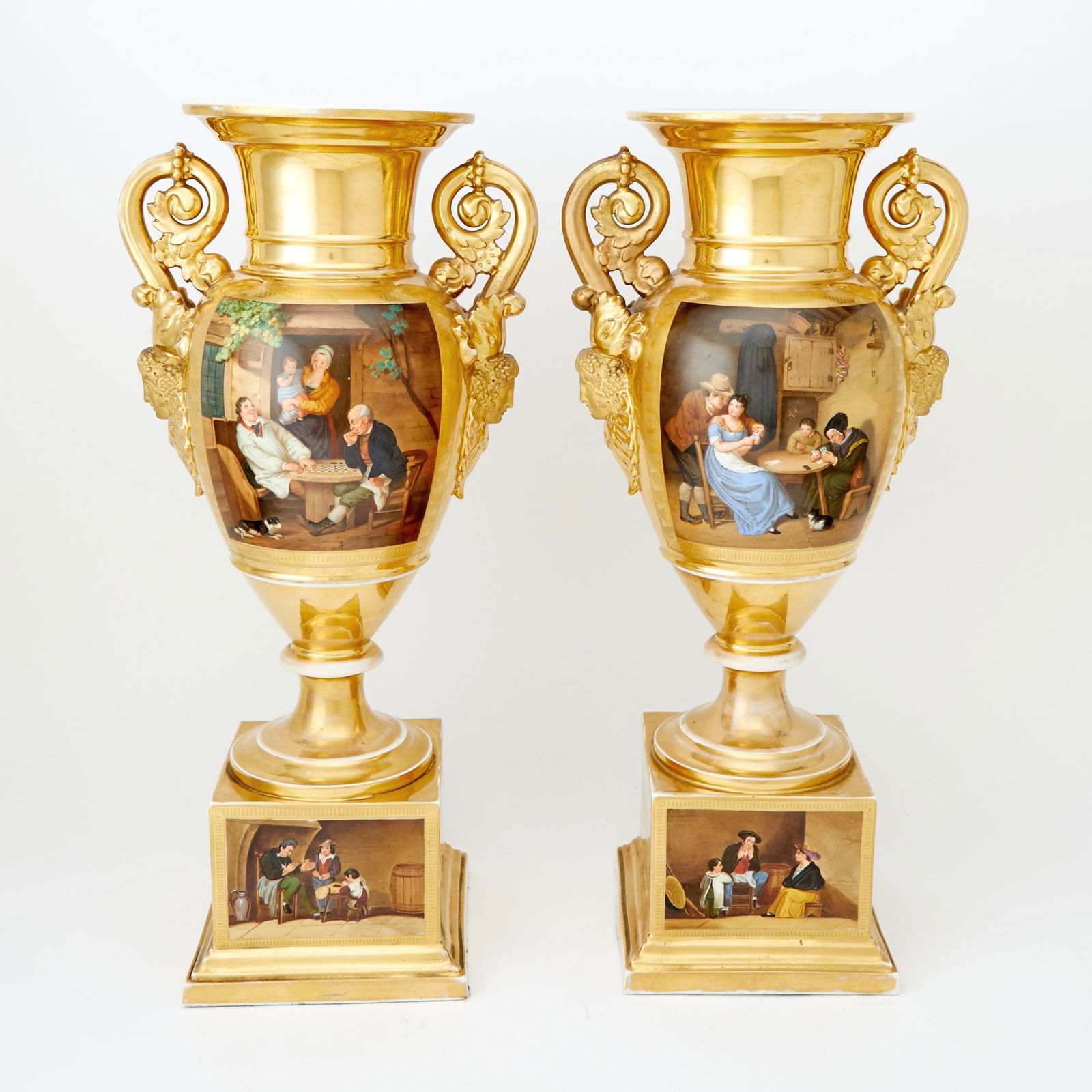Pair of French Empire Style Hand-Painted Porcelain Gold-Ground Two-Handled Urns (1 of 5)