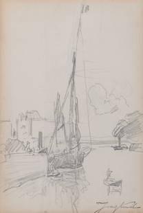 Johan Barthold Jongkind: Dutch, 1819-1891Bateau à l'Entrée d'un PortStamped Jongkind (lr)Pencil on paper9 x 5 3/4 inches (22.8 x 14.6 cm)Provenance:Collection of Albert AndréCollection of George