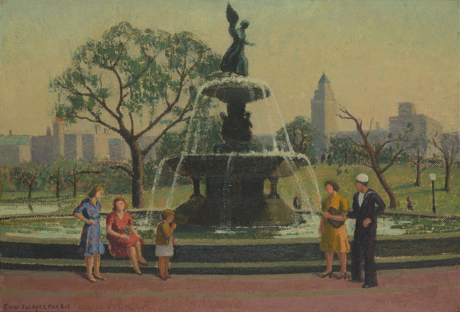 Emma Fordyce MacRae: American, 1887-1974 By Bethesda Fountain, Central Park Signed Emma Fordyce MacRae (ll); Estate stamped on the reverse Oil on Masonite 18 x 26 inches (45.7 x 66 cm) Provenance: Estate of the artist