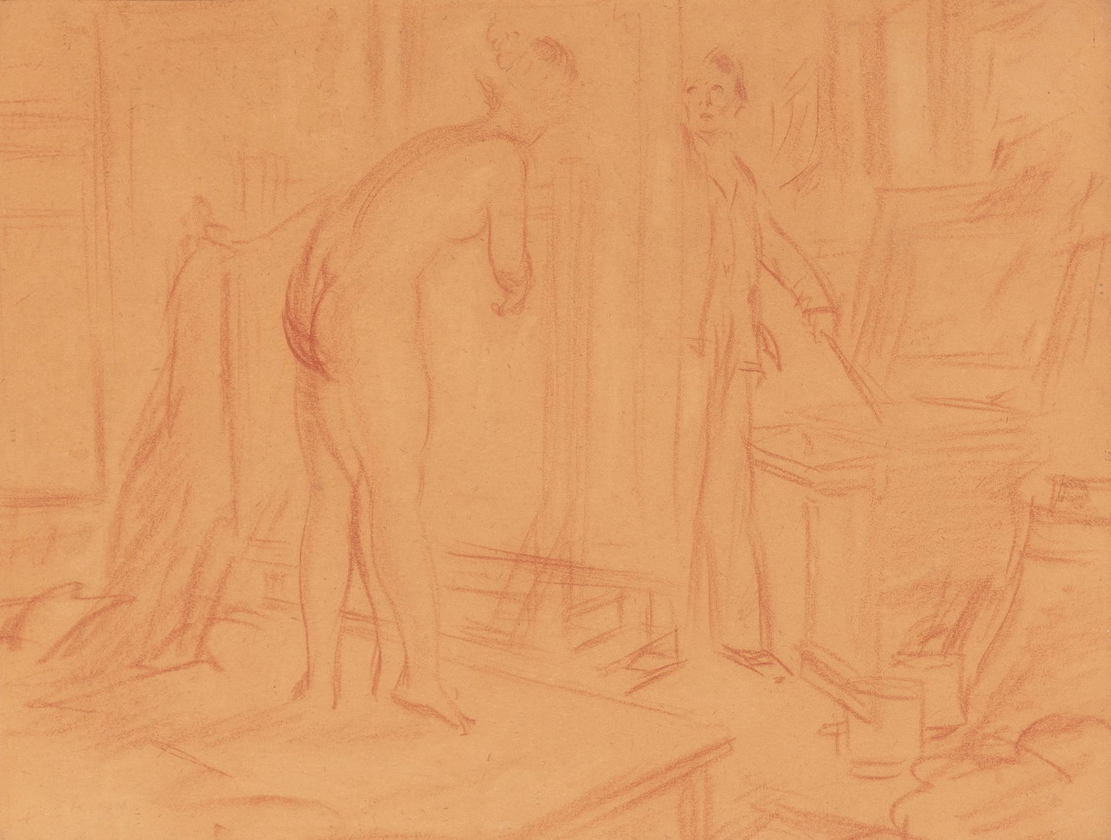 Everett Shinn: American, 1876-1953 Artist and Model Signed E Shinn (ll) Conte crayon on paper 12 5/8 x 16 1/2 inches (32.1 x 41.9 cm) Provenance: Chapellier Galleries, New York ACA Gallery, New York Sale, Doyle New