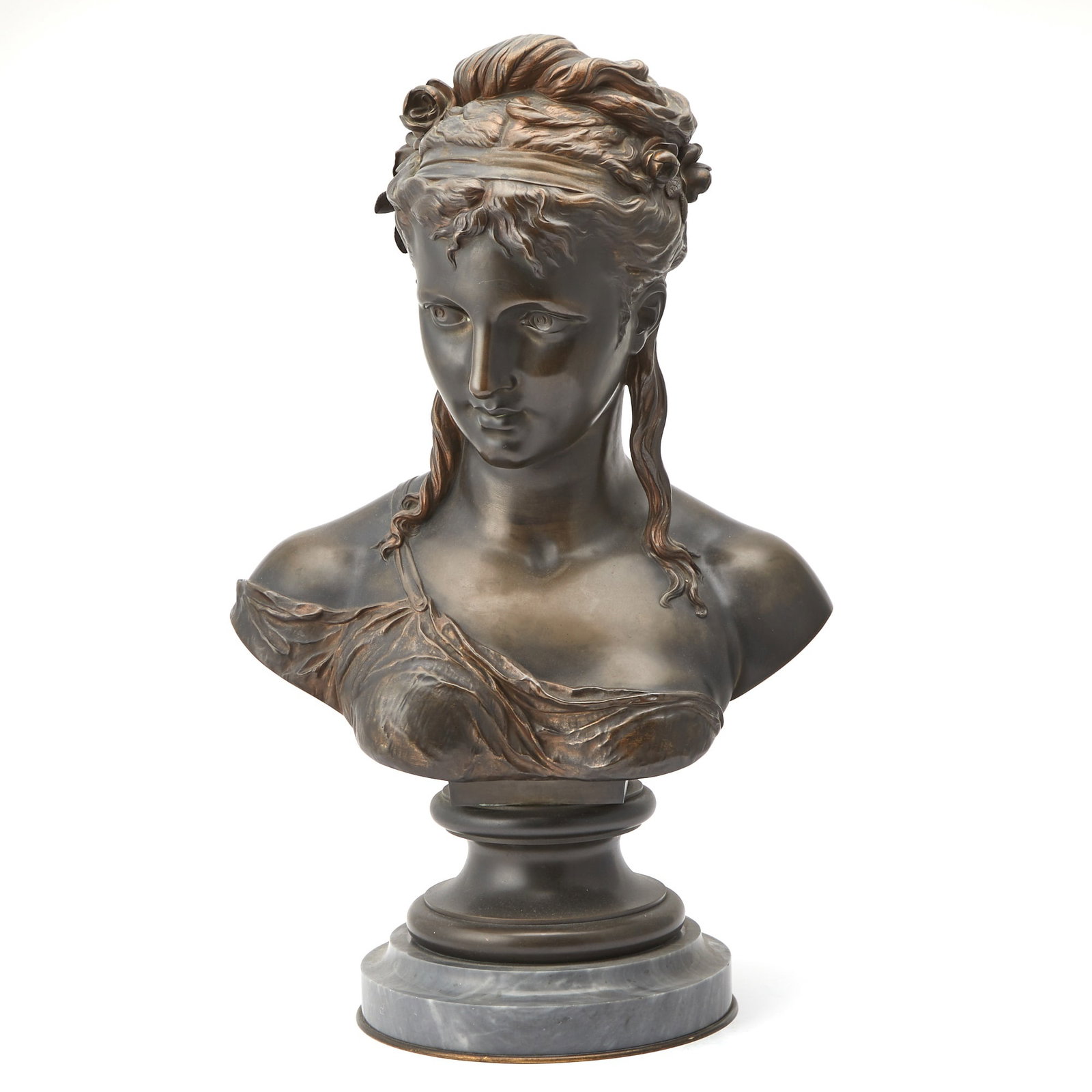 Patinated Bronze Bust of a Woman: On a gray marble base, signed under the right arm H. DUMAIGE. Height 26 inches (66 cm), depth 10 inches (25.4 cm), width 16 inches (40.6 cm).