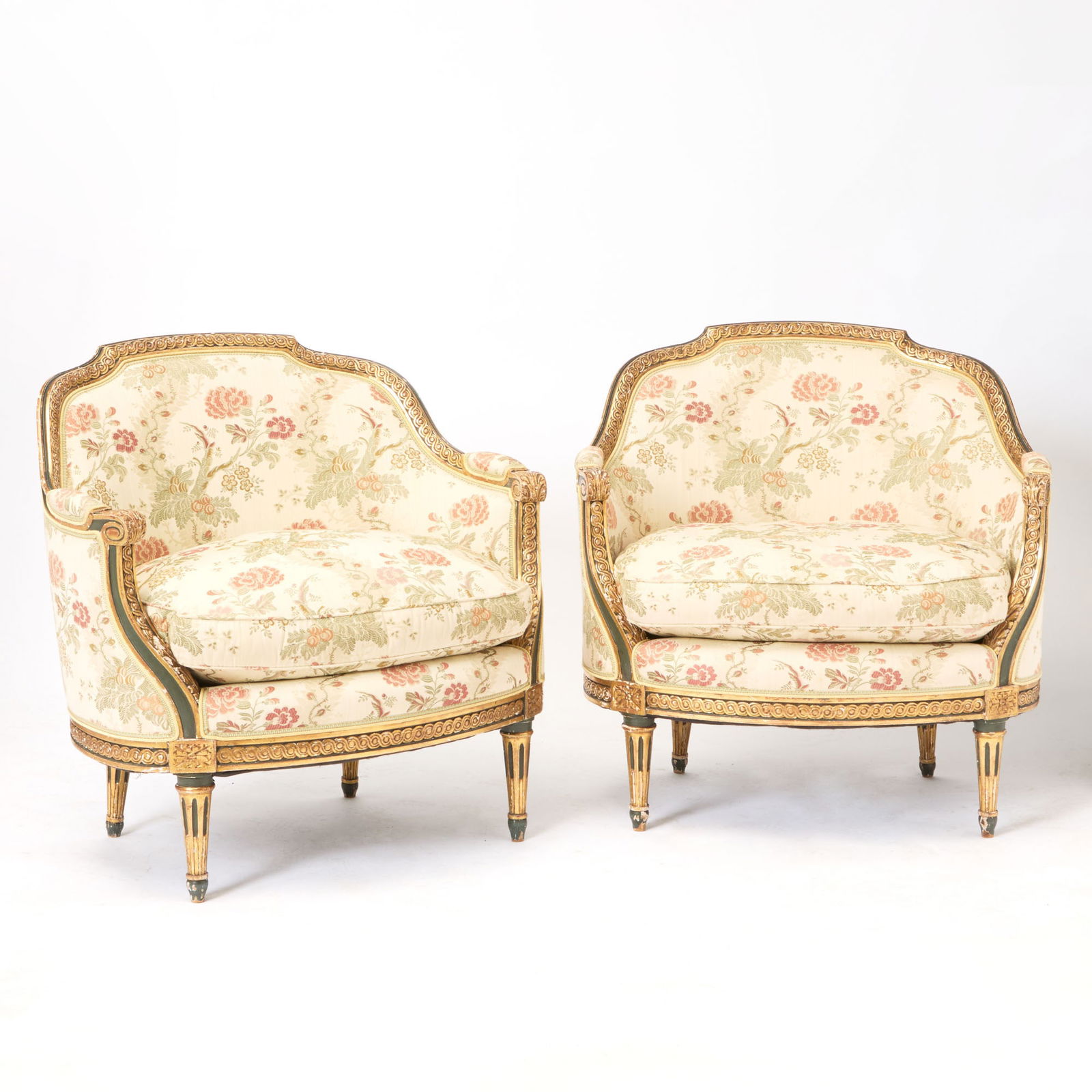 Pair of Louis XVI Style Parcel Gilt and Painted Upholstered Bergères à la Reine (1 of 5)