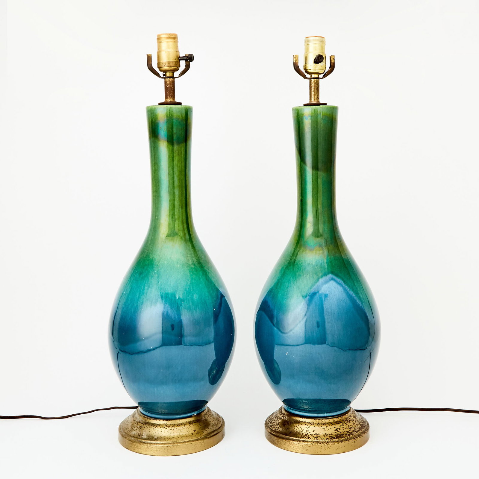Pair Mid-Century Modern Style Blue/Green Ceramic Lamps: Height 18 1/2 inches.