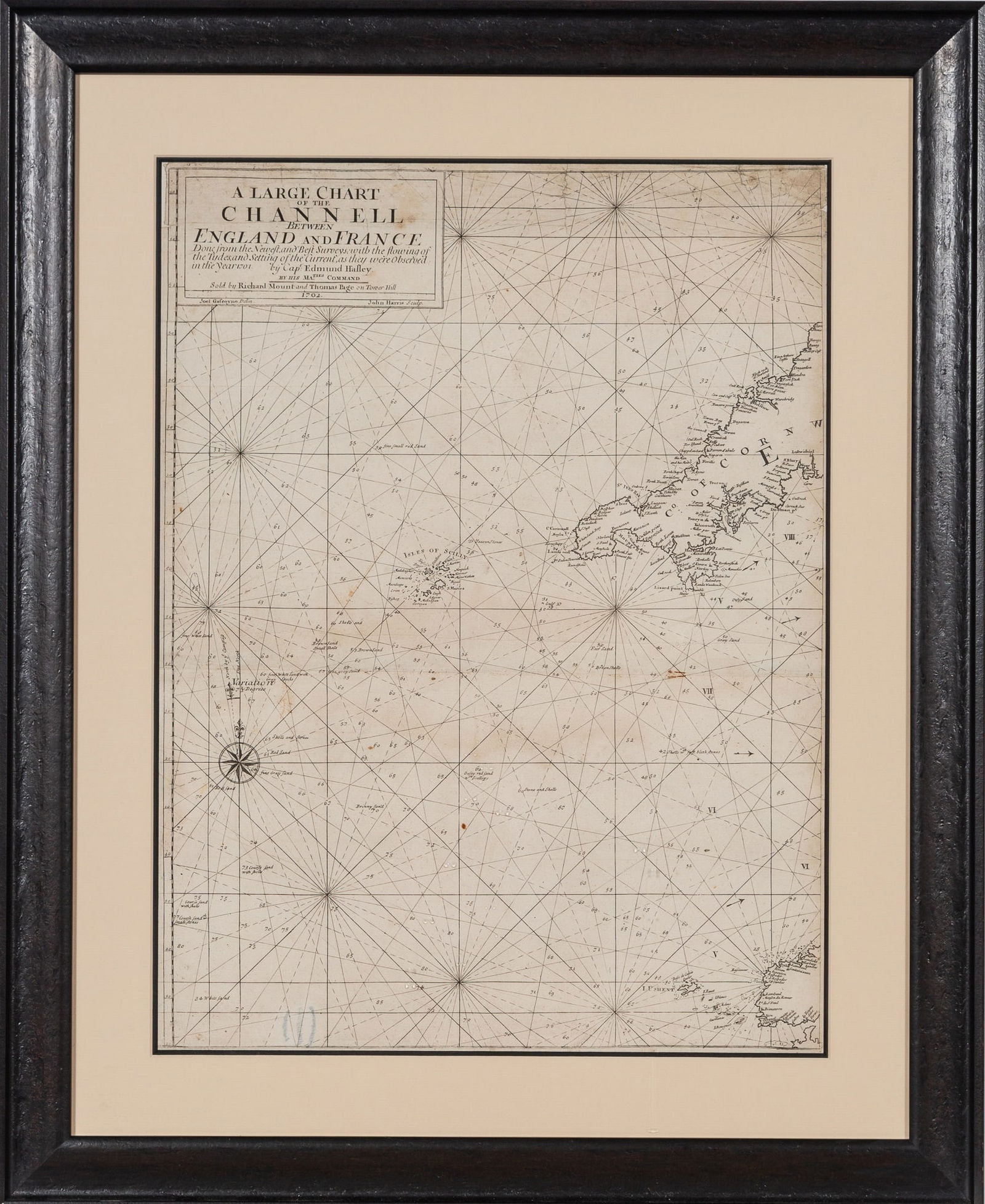 Halley's chart of the English Channel, the first map to feature the directions and times of tides (1 of 2)