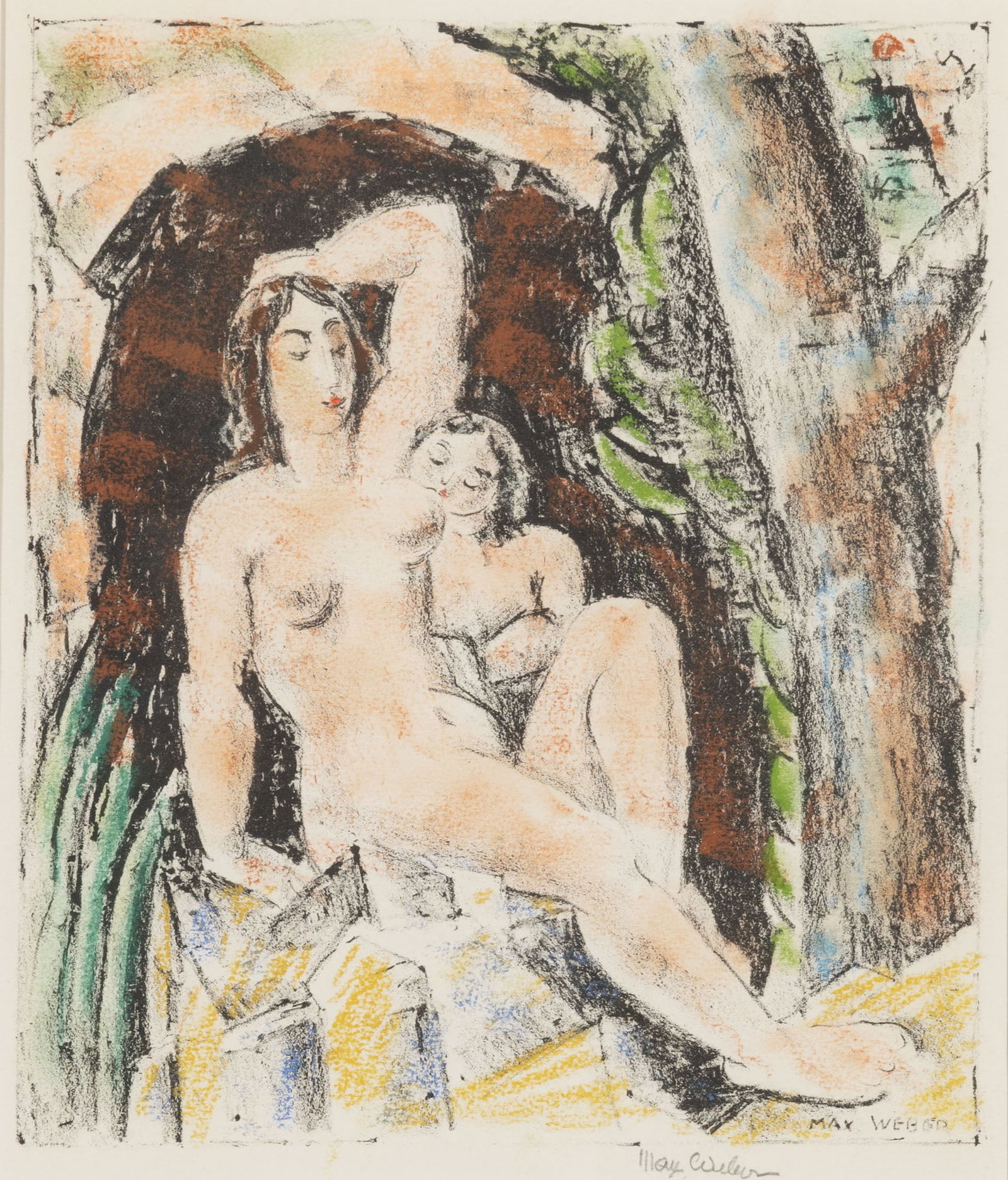 Max Weber (1881-1961): MOTHER AND CHILD (MOTHER LOVER) (RUBENSTEIN 62)Hand-colored lithograph, 1928, on cream wove paper, signed in pencil, from the edition of 30, with good margins, framed.Image 8 3/4 x 7 3/8 inches; 222 x