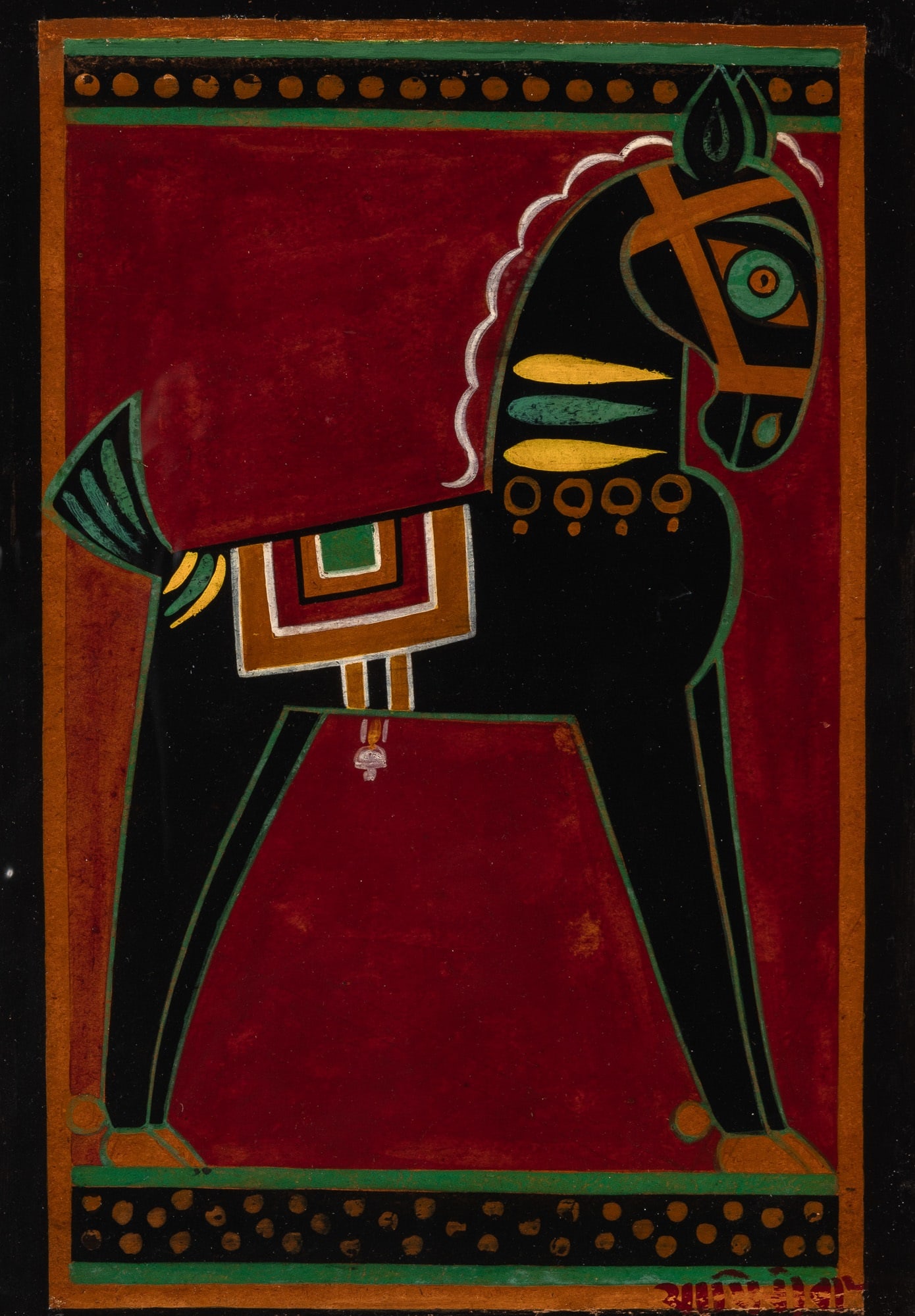 Jamini Roy: Indian, 1887 - 1972Black Horse, 1950Signed in Bengali (lr) and inscribed on the reverse Jaminy Roy Calcutta 1950Tempera on panel17 7/8 x 14 inches (45.4 x 35.6cm)