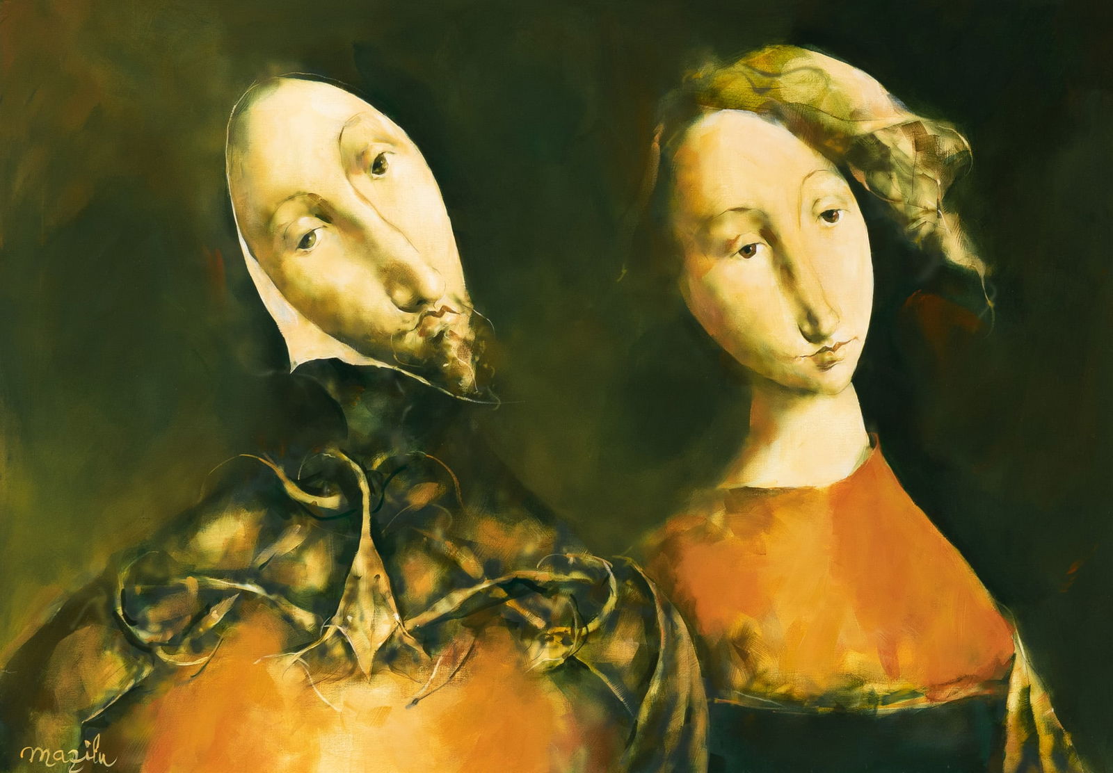 Georges Mazilu: Romanian, b. 1951Royal Couple, 1998Signed mazilu (ll) and inscribed as titled on the stretcherAcrylic on linen18 1/4 x 25 1/2 inches (46.4 x 65 cm)Provenance:Turner Carroll Gallery, Santa Fe