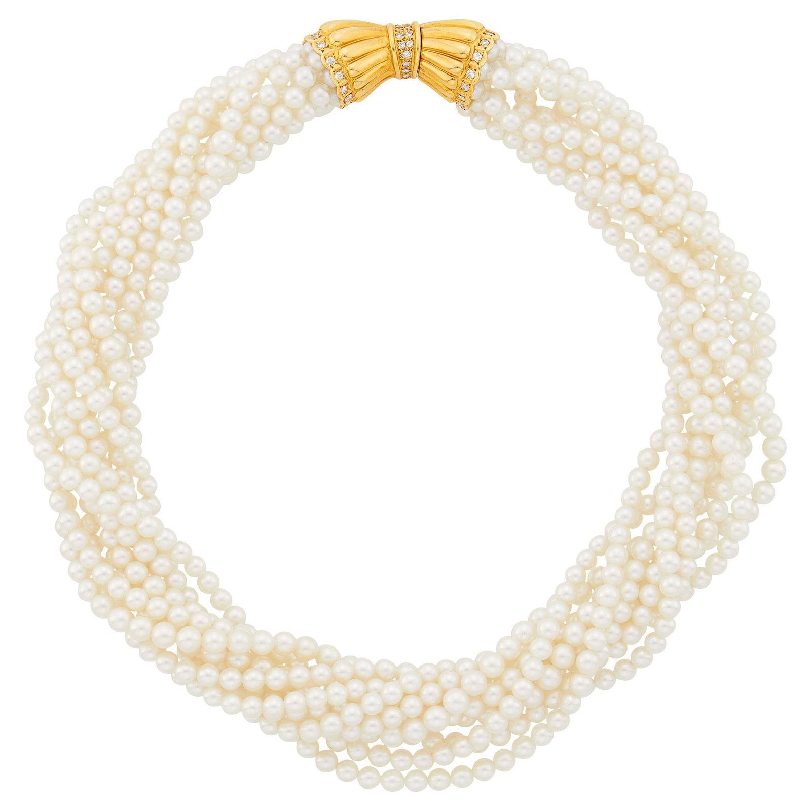 Ten Strand Cultured Pearl Torsade Necklace with Gold and Diamond Bow Clasp: 18 kt., pearls ap. 4.1 to 4.0 mm., small round diamonds weighing .49 ct., weight inscribed. Length 15 1/2 inches. Pearls: whitish to slightly creamy with rose and green orient, overall cleanish,